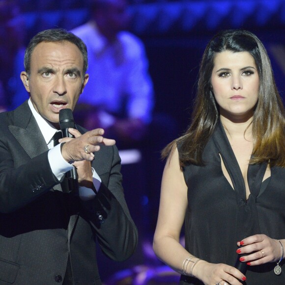 Semi-Exclusif - Nikos Aliagas et Karine Ferri - Plateau de la finale de l'émission "The Voice" à Paris. Le 14 mai 2016 © Coadic Guirec / Bestimage