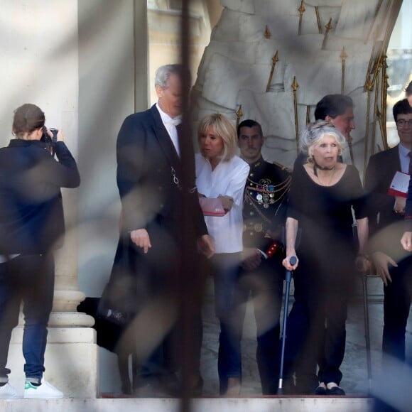 Brigitte Macron raccompagne Brigitte Bardot sur le perron du palais de l'Elysée, après son entretien avec le président de la République.