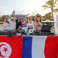 Exclusif - Delphine Wespiser, Mohamed Jerad (Directeur du Radisson Blu)et les Dj - Beach Party du Radisson Blu de Djerba, le 5 août 2018. © Philippe Doignon/Bestimage