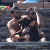Exclusif - L'animateur Christophe Beaugrand et son mari Ghislain Gerin en vacances avec des amis et leur chienne Colby à Saint-Tropez le 31 juillet 2018.