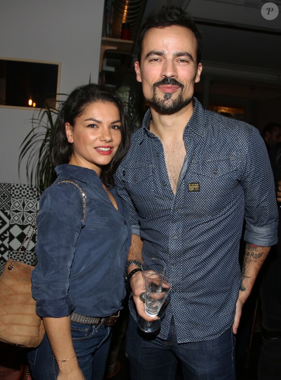 Semi-exclusif - Damien Sargue et sa femme Emilie Sudre lors de l'inauguration du "Shelby", le nouveau bar à cocktails de B.Zaibat et son associé S.Peltier boulevard Sébastopol, à Paris, France, le 24 Janvier 2018. © Denis Guignebourg/Bestimage