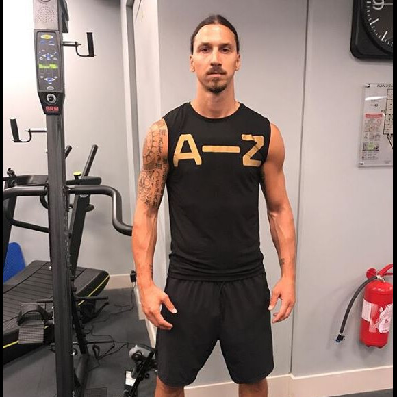 Zlatan Ibrahimovic pose pour sa marque de vêtements de sport A-Z. 21 août 2017. 