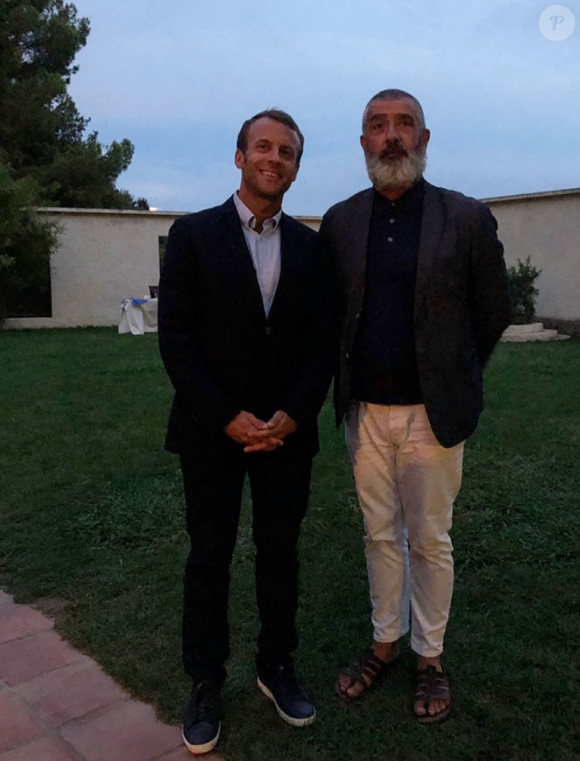 Brigitte et Emmanuel Macron accueillis par Jean-Pierre Blanc à la villa Noailles à Hyères, le samedi 25 août 2018.