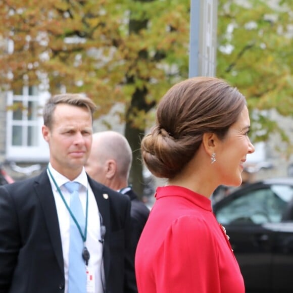 La première dame Brigitte Macron arrive à l'Académie royale des beaux-arts du Danemark à Copenhague avec la princesse Mary de Danemark le 28 août 2018. © Dominique Jacovides / Bestimage