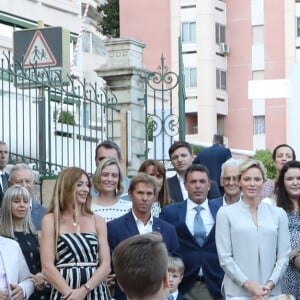 Gareth Wittstock et Sean Wittstock (frères de la Princesse Charlène de Monaco), Jean Leonard de Massy, son fils Melchior, la princesse Charlène de Monaco avec le prince Jacques de Monaco, Mélanie de Massy, le prince Albert II de Monaco avec la princesse Gabriella de Monaco, la baronne Elisabeth Ann de Massy, Monseigneur Barsi, Georges Marsan (Maire de Monaco) - Traditionnel Pique-nique des Monégasques dans les jardins du parc Princesse Antoinette à Monaco, le 31 août 2018. La famille a assisté à une danse folklorique animée par le groupe "La Paladienne". © Jean-Charles Vinaj / PRM / Bestimage