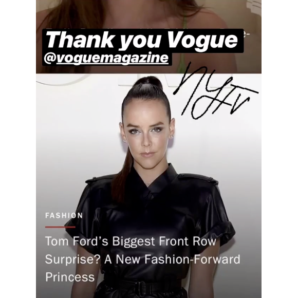Pauline Ducruet a tapé dans l'oeil de Vogue au défilé Tom Ford le 5 septembre 2018 à New York, image extraite de sa story Instagram, septembre 2018.
