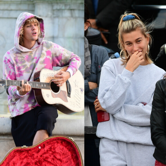 Justin Bieber joue une sérénade à la guitare à sa fiancée Hailey Baldwin assis sur une fontaine devant le palais de Buckhingam à Londres le 18 septembre 2018.