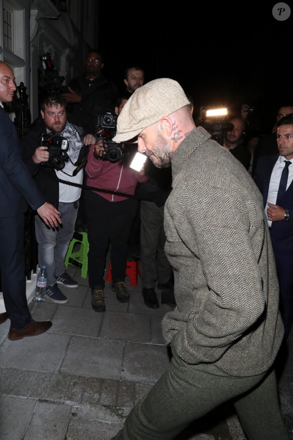 David Beckham arrive à la soirée "Victoria Beckham X Vogue" au Mark's Club lors de la London Fashion Week, le 16 septembre 2018.