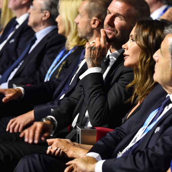 David et sa femme Victoria Beckham durant le tirage au sort de la Ligue des champions de l'UEFA 2018/2019 dans la salle des Princes du Griamdi Forum à Monaco, le 30 août 2018. © Bruno Bébert/Bestimage