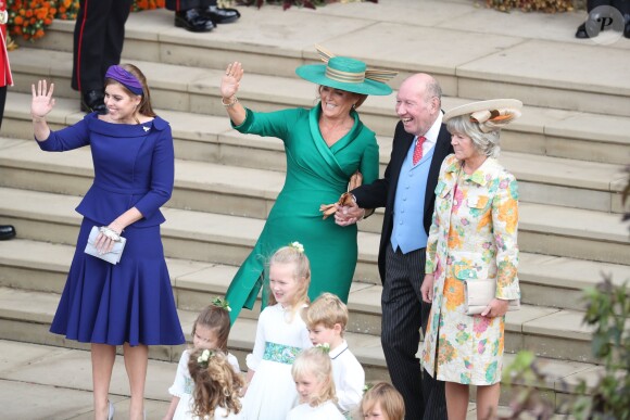Sarah Ferguson, duchesse d'York, la princesse Beatrice d’York, Nicola et George Brooksbank - Sorties après la cérémonie de mariage de la princesse Eugenie d'York et Jack Brooksbank en la chapelle Saint-George au château de Windsor, Royaume Uni, le 12 octobre 2018.