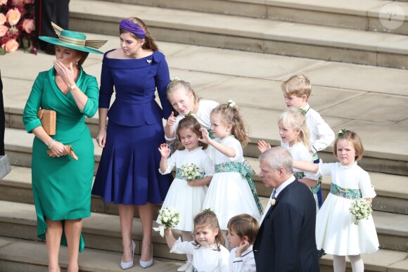 Sarah Ferguson, duchesse d'York et la princesse Beatrice d’York, le prince George de Cambridge et la princesse Charlotte de Cambridge - Sorties après la cérémonie de mariage de la princesse Eugenie d'York et Jack Brooksbank en la chapelle Saint-George au château de Windsor, Royaume Uni, le 12 octobre 2018.