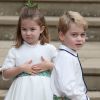 La princesse Charlotte de Cambridge et le prince George de Cambridge - Les invités arrivent à la chapelle St. George pour le mariage de la princesse Eugenie d'York et Jack Brooksbank au château de Windsor, Royaume Uni, le 12 octobre 2018.
