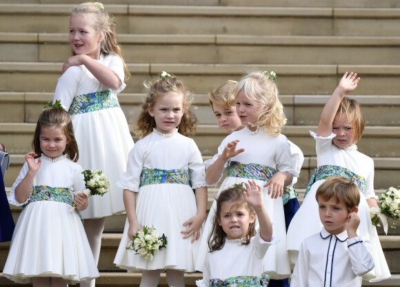 Les garçons et demoiselles d'honneur, dont le prince George et la princesse Charlotte de Cambridge, au mariage de la princesse Eugenie d'York et Jack Brooksbank en la chapelle Saint-George au château de Windsor, Royaume Uni, le 12 octobre 2018.
