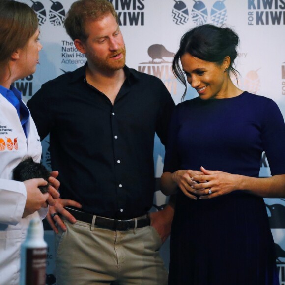 Le prince Harry, duc de Sussex, Meghan Markle, duchesse de Sussex (enceinte) lors de la visite d'un élevage de kiwis à Rainbow Springs , Rotorua en Nouvelle Zélande le 31 octobre 2018.