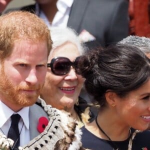 Le prince Harry, duc de Sussex, Meghan Markle, duchesse de Sussex (enceinte) lors d'une visite du site Te Papaiouru Marae à Rotorua, Nouvelle Zélande le 31 octobre 2018.