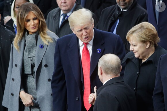 Le président des Etats-Unis Donald Trump, sa femme Melania, la chancelière allemande Angela Merkel, le président de la Russie Vladimir Poutine, le président Emmanuel Macron - Cérémonie internationale du centenaire de l'armistice du 11 novembre 1918 à l'Arc de Triomphe à Paris le 11 novembre 2018.