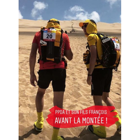 Patrick Poivre d'Arvor et son fils François au premier jour du Half Marathon des Sables, le 2 décembre 2018, au Pérou.