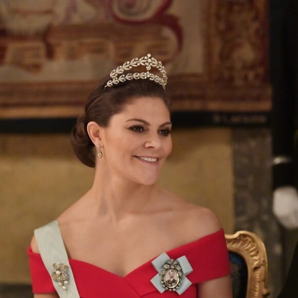 La princesse Victoria de Suède au dîner des lauréats du prix Nobel au palais royal à Stockholm le 11 décembre 2018.