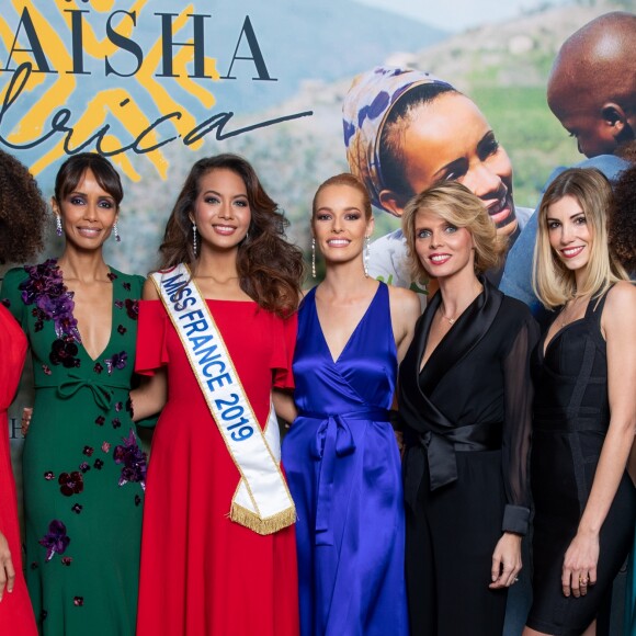 Exclusif - No Web - No Tabloïds - Alicia Aylies, Sonia Rolland (Présidente de Maïsha Africa), Vaimalama Chaves (Miss France 2019), Maëva Coucke, Sylvie Tellier, Alexandra Rosenfeld, Ophély Mézino (première dauphine de Miss France 2019) - Dîner de gala au profit de l'association "Maïsha Africa" de Sonia Rolland, qui vient en aide aux enfants du Rwanda, au Pavillon Gabriel, à Paris, le 17 décembre 2018. Près de 125 000 euros de dons ont été récoltés pendant la soirée, organisée en partenariat avec la Fondation Congo Kitoko, Mixa et LVMH. © Gorassini-Moreau/Bestimage