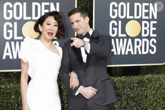 Sandra Oh et Andy Samberg au photocall de la 76e cérémonie annuelle des Golden Globe Awards au Beverly Hilton Hotel à Los Angeles, le 6 janvier 2019.