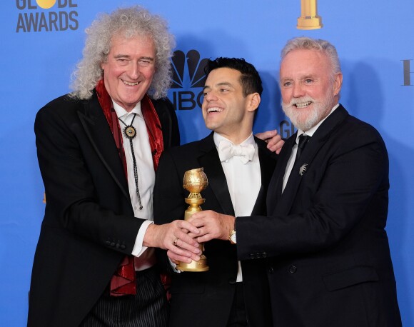 Rami Malek, Brian May, Roger Taylor lors de la press room de la 76ème cérémonie annuelle des Golden Globe Awards au Beverly Hilton Hotel à Los Angeles, Calfornie, Etats-Unis, le 6 janver 2019.