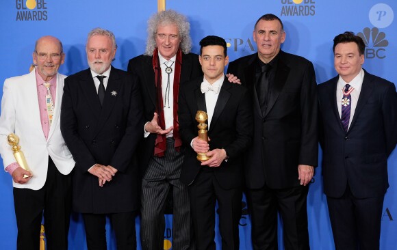 Jim Beach, Roger Taylor, Brian May, Rami Malek, Graham King, Mik lors de la press room de la 76ème cérémonie annuelle des Golden Globe Awards au Beverly Hilton Hotel à Los Angeles, Calfornie, Etats-Unis, le 6 janver 2019.