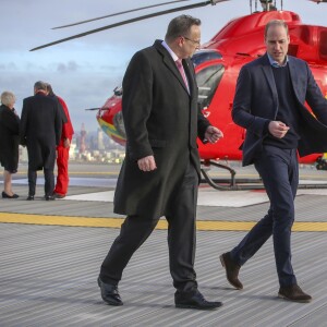 Le prince William, duc de Cambridge, est arrivé en hélicoptère à l'Hôpital royal de Londres le 9 janvier 2019 pour y célébrer les 30 ans de l'association London Air Ambulance.