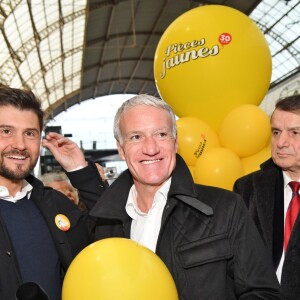 Christophe Beaugrand, Didier Deschamps et Christian Estrosi, le maire de Nice, durant le départ du train des Pièces Jaunes à la gare de Nice le 19 janvier 2019. © Bruno Bebert