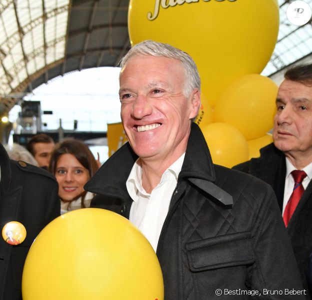 Didier Deschamps durant le départ du train des Pièces Jaunes à la gare de Nice le 19 janvier 2019. © Bruno Bebert