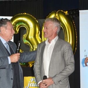 Le Professeur Claude Griscelli, le sélectionneur de l'équipe de France, Didier Deschamps (parrain des 30 ans de l'Opération Pièces Jaunes 2019) et Anne Barrère (Secrétaire Générale de la Fondation) lors du lancement de la 30ème édition de l'Opération Pièces Jaunes 2019 avec Lucrèce à l'Hôpital Necker-Enfants malades AP-HP à Paris, France, le 9 janvier 2019. © Coadic Guirec