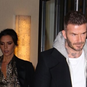 Victoria et D. Beckham et leur fils B. Beckham et sa compagne H. Cross sortent de la soirée Reebok dans le quartier de East Side à New York, le 22 janvier 2019.