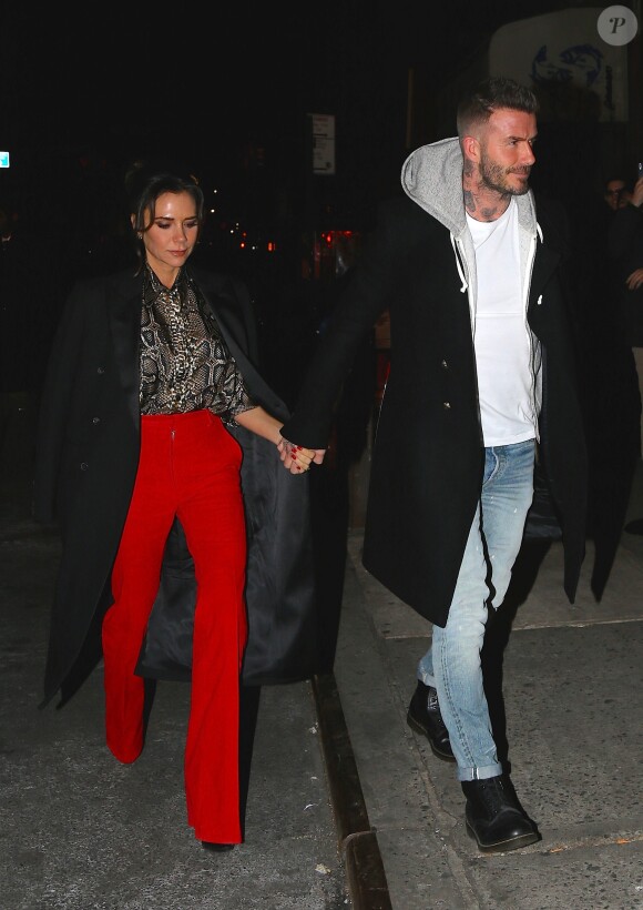 Victoria et D. Beckham et leur fils B. Beckham et sa compagne H. Cross sortent de la soirée Reebok dans le quartier de East Side à New York, le 22 janvier 2019.