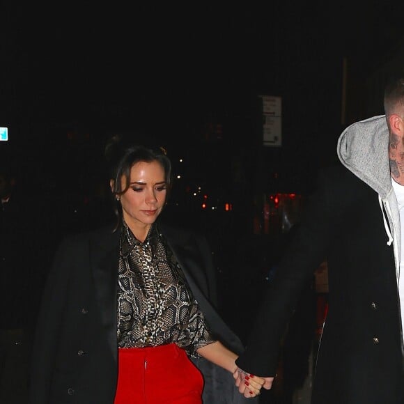 Victoria et D. Beckham et leur fils B. Beckham et sa compagne H. Cross sortent de la soirée Reebok dans le quartier de East Side à New York, le 22 janvier 2019.