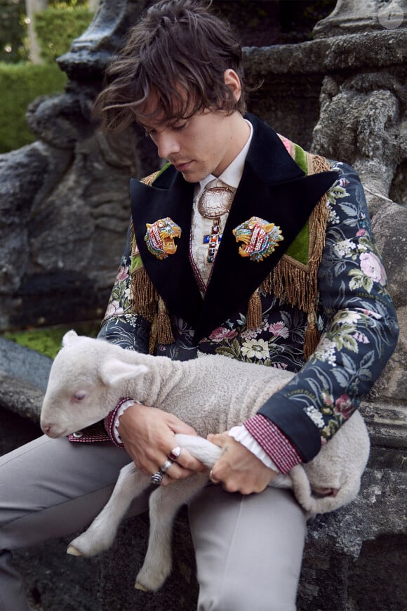 Harry Styles pose pour la nouvelle collection de Gucci à Rome.