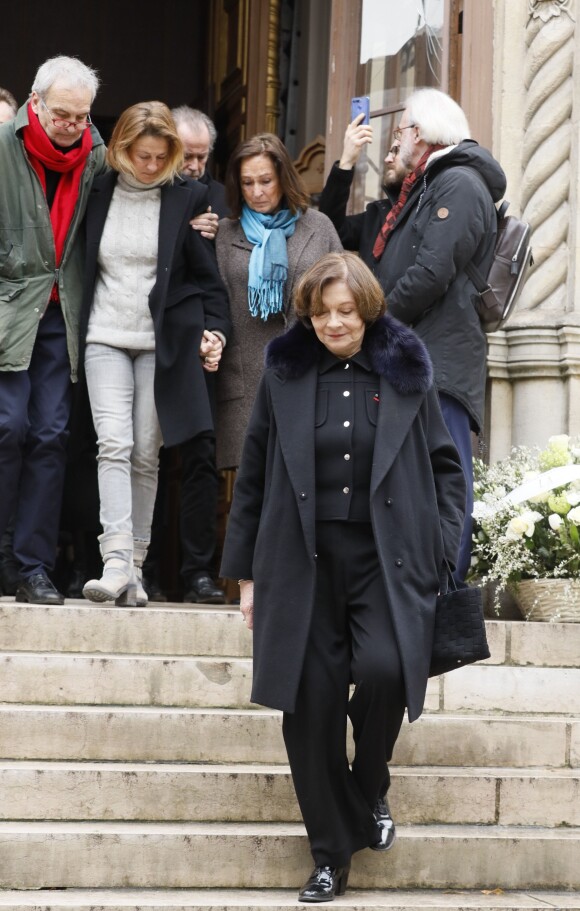 Benjamin Legrand (frère de Michel Legrand), Eugénie Angot (Fille de Michel Legrand), Dominique Rageys (fille aînée de Michel Legrand) et Macha Méril lors des obsèques de Michel Legrand en la cathédrale orthodoxe Saint-Alexandre-Nevsky à Paris, le 1er février 2019. 