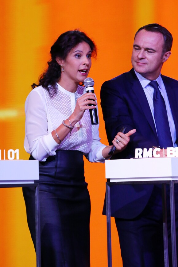 Apolline de Malherbe et Christophe Delay - Conférence de presse du groupe NextRadioTV qui regroupe BFM TV et RMC à Paris le 2 septembre 2015.