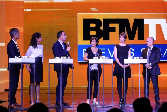 Jean-Baptiste Boursier,Apolline de Malherbe, Christophe Delay, Ruth Elkrief, Lucie Nuttin et François Lenglet - Conférence de presse du groupe NextRadioTV qui regroupe BFM TV et RMC à Paris le 2 septembre 2015.