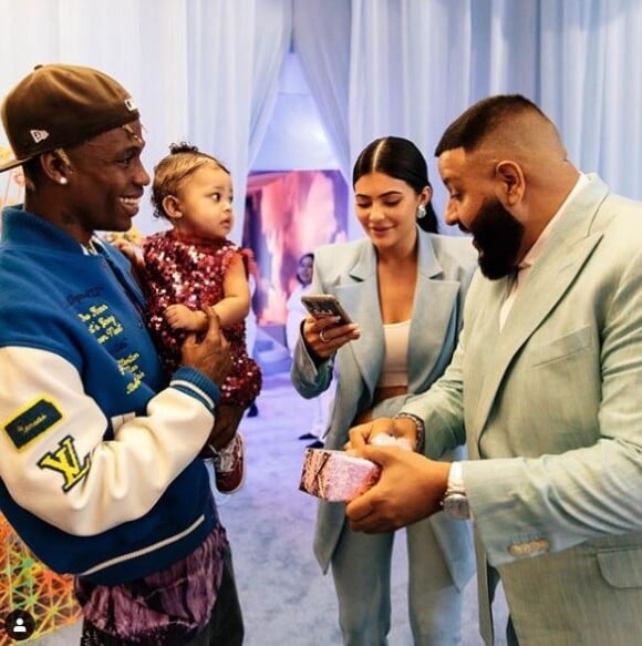 Kylie Jenner, Travis Scott et DJ Khaled à la grande fête d'anniversaire organisée pour le premier anniversaire de Stormi le 9 février 2019.