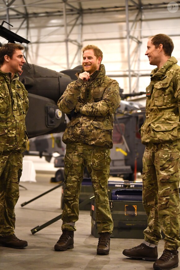 Le prince Harry, duc de Sussex, assiste à des manoeuvres militaires par grand froid à l'occasion des 50 ans du Commando Helicopter Force à Bardufoss, Norvège le 14 février 2019.