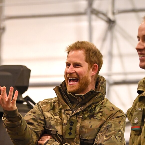 Le prince Harry, duc de Sussex, assiste à des manoeuvres militaires par grand froid à l'occasion des 50 ans du Commando Helicopter Force à Bardufoss, Norvège le 14 février 2019.
