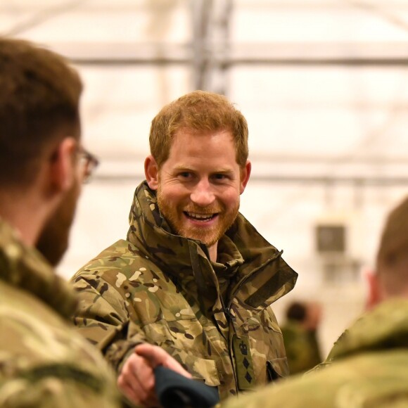 Le prince Harry, duc de Sussex, assiste à des manoeuvres militaires par grand froid à l'occasion des 50 ans du Commando Helicopter Force à Bardufoss, Norvège le 14 février 2019.
