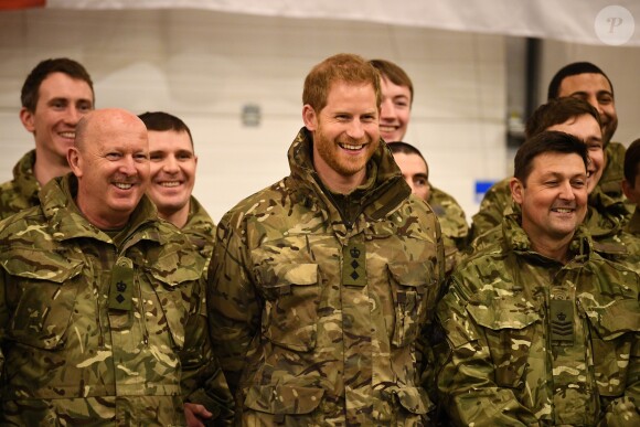 Le prince Harry, duc de Sussex, assiste à des manoeuvres militaires par grand froid à l'occasion des 50 ans du Commando Helicopter Force à Bardufoss, Norvège le 14 février 2019.