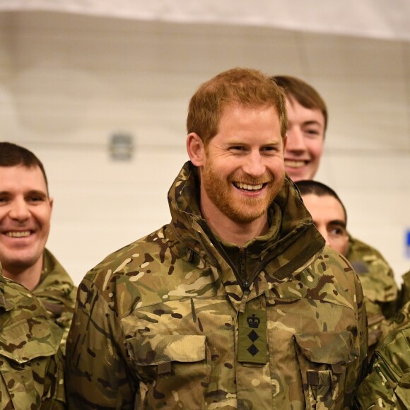 Le prince Harry, duc de Sussex, assiste à des manoeuvres militaires par grand froid à l'occasion des 50 ans du Commando Helicopter Force à Bardufoss, Norvège le 14 février 2019.