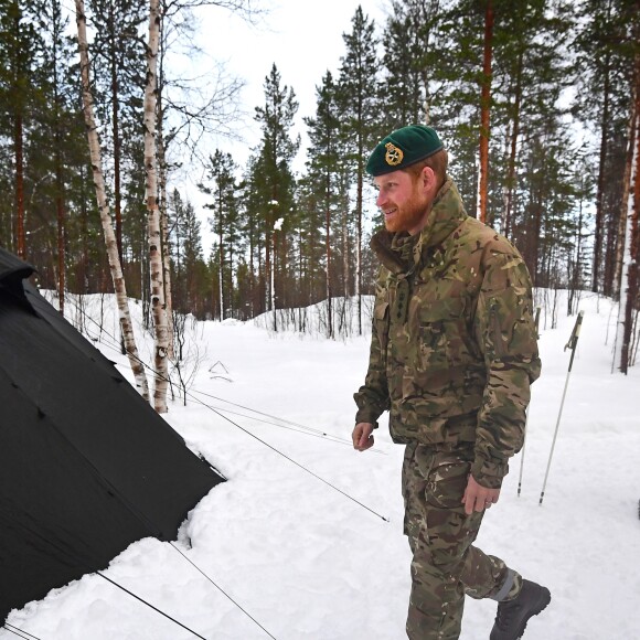 Le prince Harry, duc de Sussex, assiste à des manoeuvres militaires par grand froid à l'occasion des 50 ans du Commando Helicopter Force à Bardufoss, Norvège le 14 février 2019.