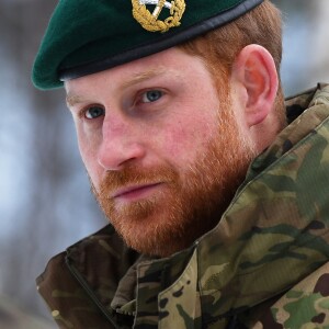 Le prince Harry, duc de Sussex, assiste à des manoeuvres militaires par grand froid à l'occasion des 50 ans du Commando Helicopter Force à Bardufoss, Norvège le 14 février 2019.