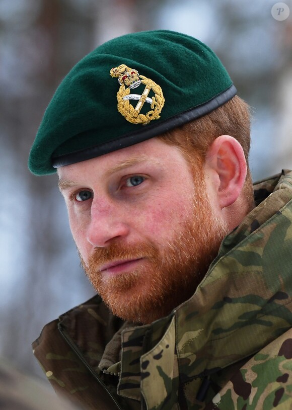 Le prince Harry, duc de Sussex, assiste à des manoeuvres militaires par grand froid à l'occasion des 50 ans du Commando Helicopter Force à Bardufoss, Norvège le 14 février 2019.