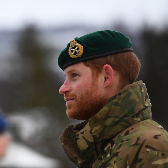 Le prince Harry, duc de Sussex, assiste à des manoeuvres militaires par grand froid à l'occasion des 50 ans du Commando Helicopter Force à Bardufoss, Norvège le 14 février 2019.