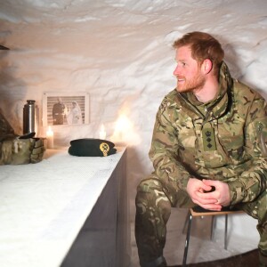Le prince Harry, duc de Sussex, assiste à des manoeuvres militaires par grand froid à l'occasion des 50 ans du Commando Helicopter Force à Bardufoss, Norvège le 14 février 2019.