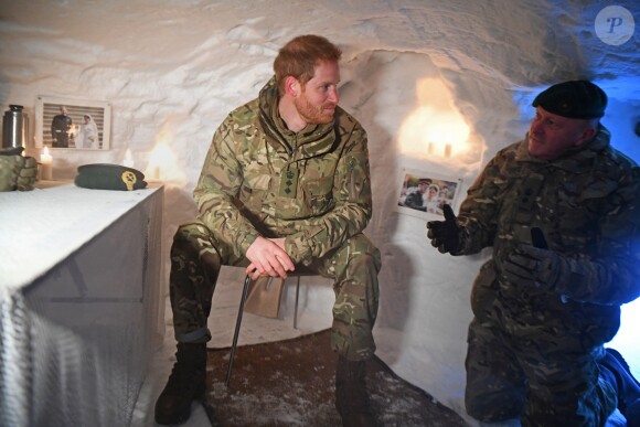 Le prince Harry, duc de Sussex, assiste à des manoeuvres militaires par grand froid à l'occasion des 50 ans du Commando Helicopter Force à Bardufoss, Norvège le 14 février 2019.