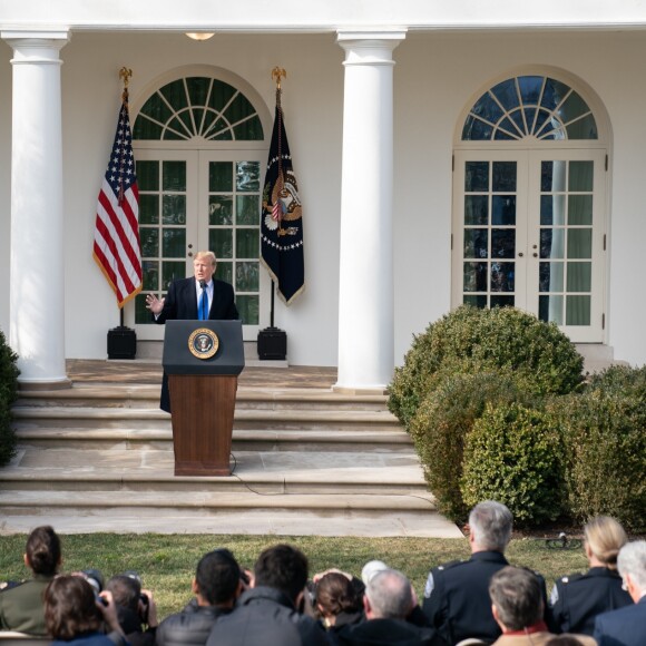 Le président Donald Trump lors de son discours dans le Rose Graden de la Maison Blanche le 15 Février 2019.
